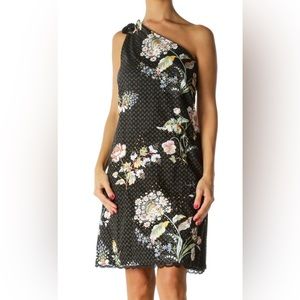 Maeve by Anthropologie Size 0 Black Floral One Shoulder Tie Scallops Dress